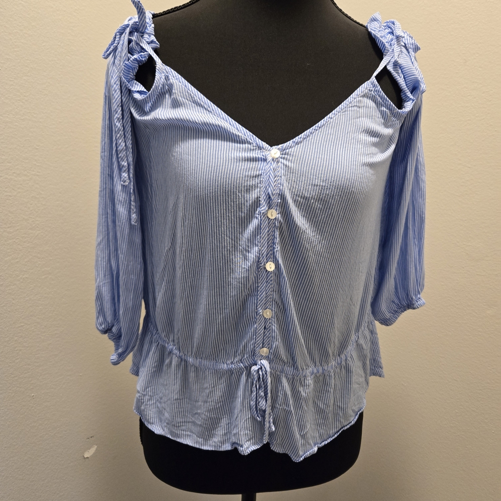H&M Blue Flutter Sleeve Blouse with Tie Front